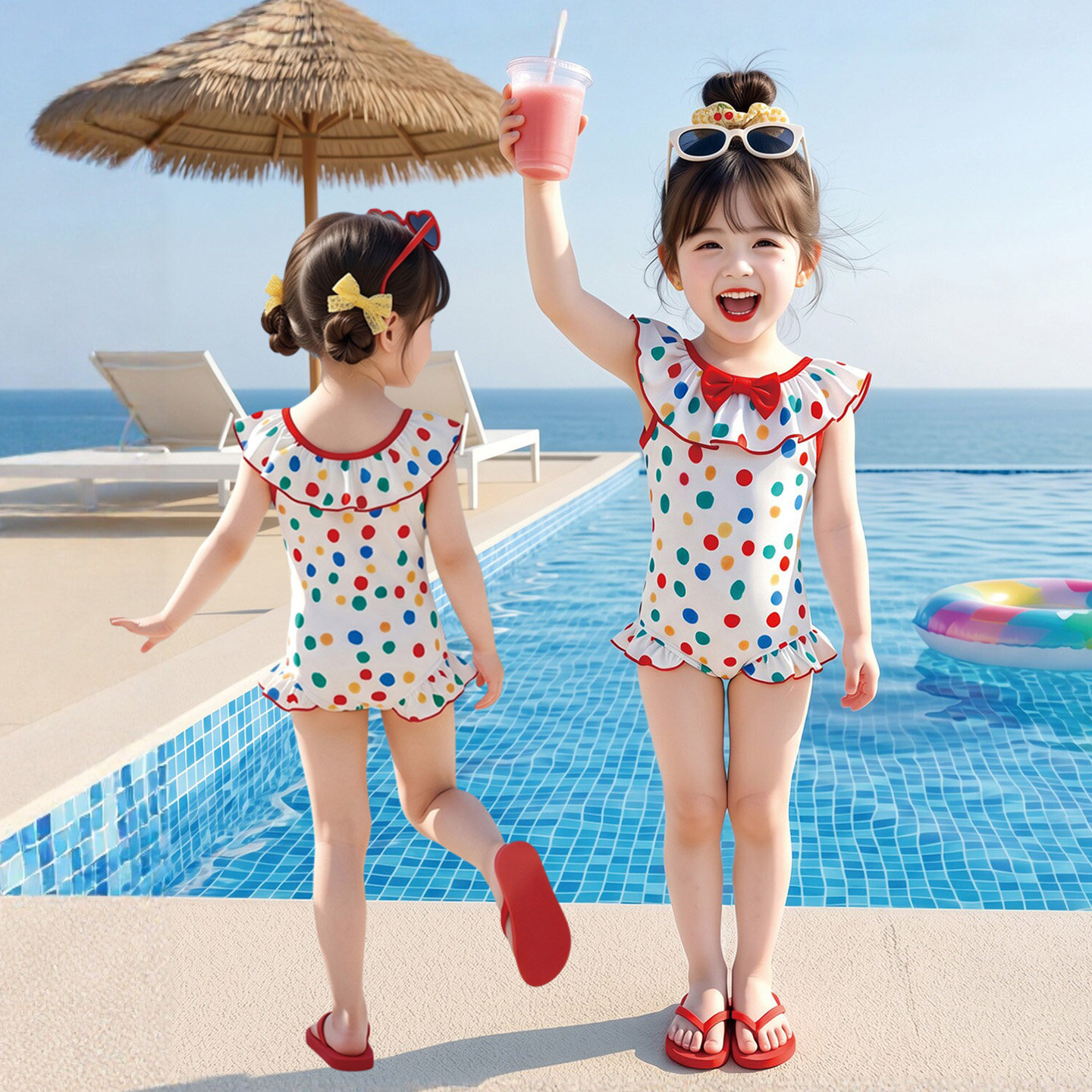女童泳衣夏装洋气彩色波点游泳衣图片