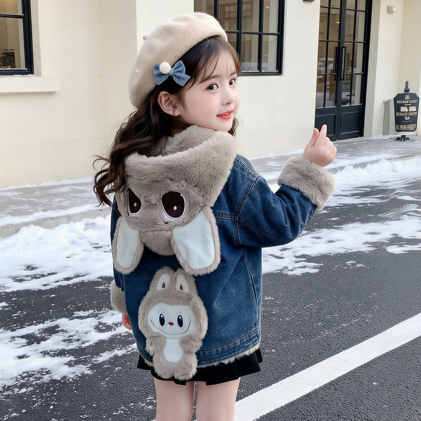 女童加绒牛仔外套秋冬洋气卡通连帽儿童棉衣冬季加厚保暖宝宝上衣