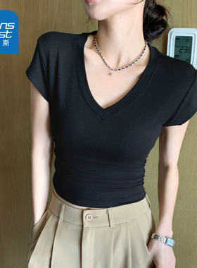 LYA真维斯黑色短袖T恤女款2026新款夏季V领修身短款内搭打底上衣