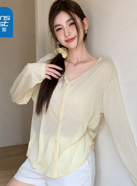 LYA真维斯V领针织罩衫女2026夏季新款宽松微透纽扣开衫外套上衣女