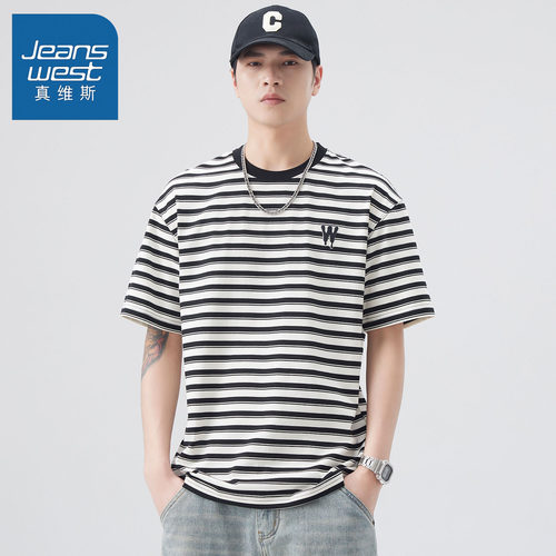 官方正品男条纹短袖落肩袖T恤潮
