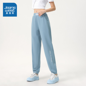 JW真维斯女装夏季新款简约修身束脚裤休闲微弹字母印花休闲裤