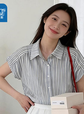 LYA真维斯女款2026夏季新款复古短袖上衣通勤气质竖条纹宽松衬衫