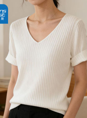 LYA真维斯V领短袖针织T恤女2026新款夏季薄款透气显瘦打底衫上衣