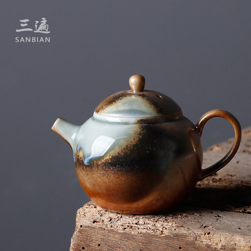 备前烧日式柴烧壶 纯手工球孔粗陶茶壶窑变陶瓷功夫茶具台湾工艺