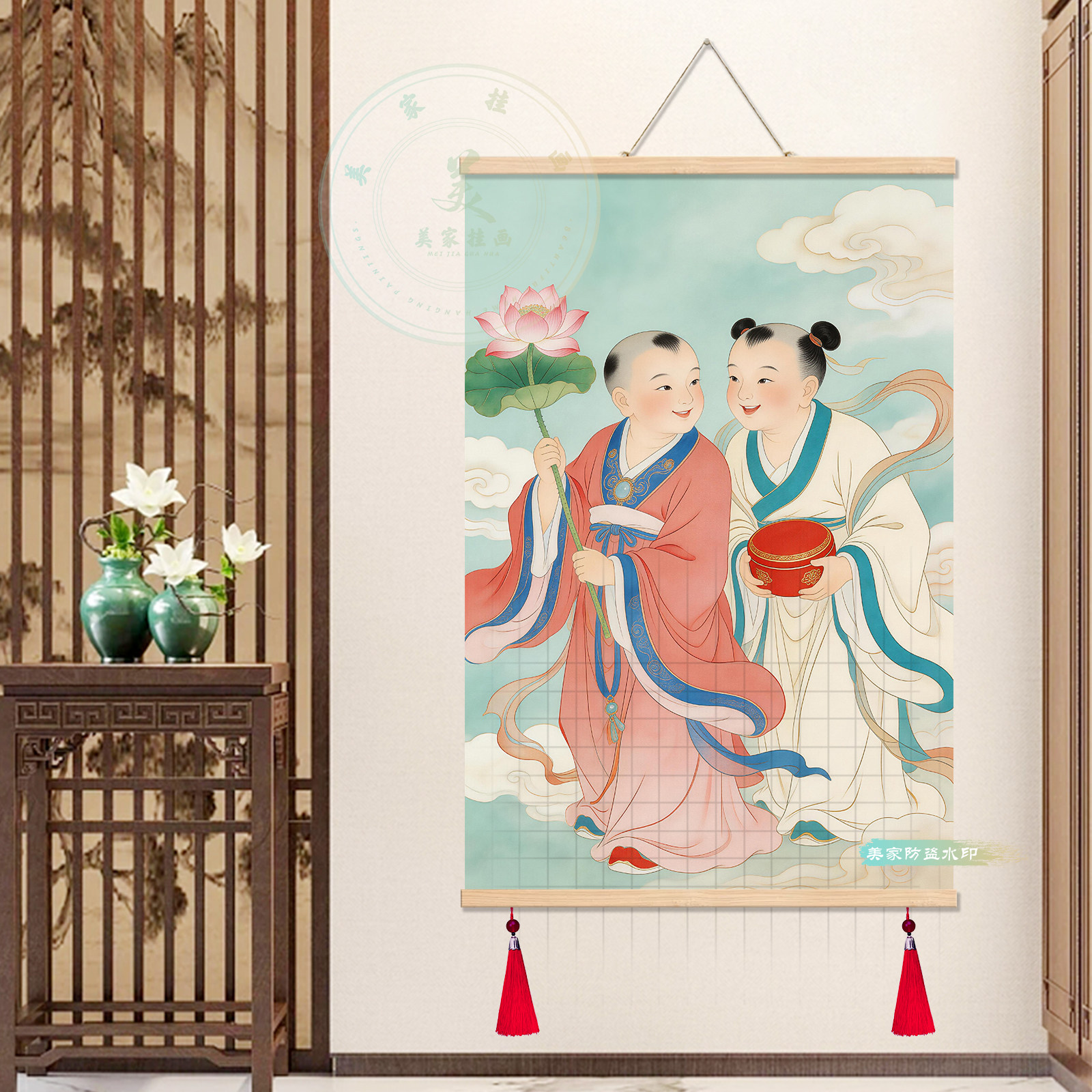 和合二圣二仙夫妻感情卧室婚房实木卷轴画像挂画婚房床头装饰画