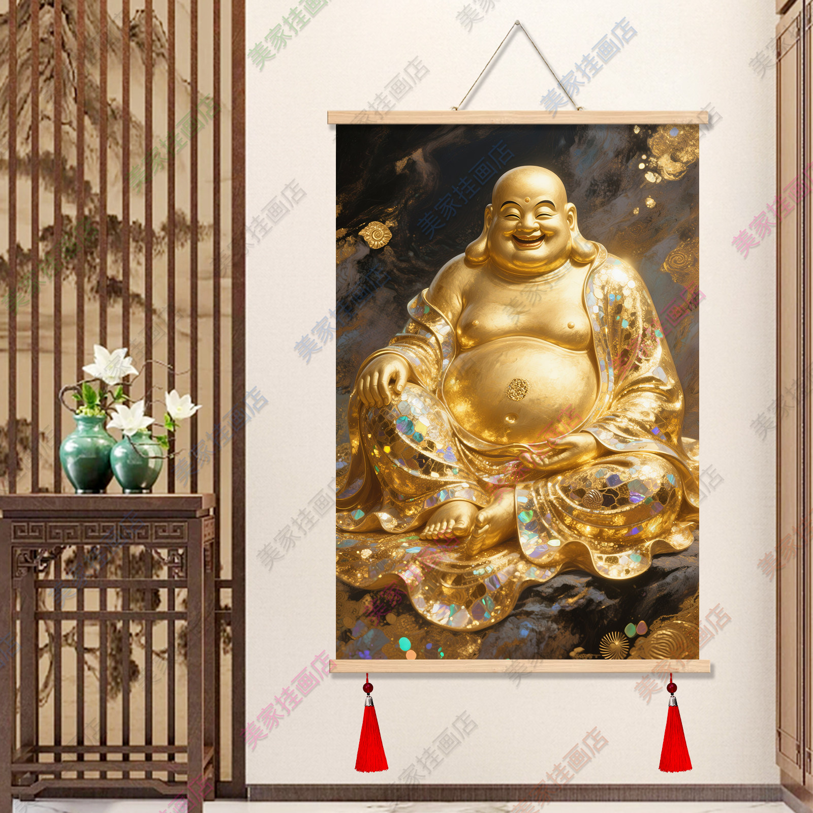 招财弥勒佛画像挂画客厅装饰画大肚佛壁画佛像画供奉画玄关挂画