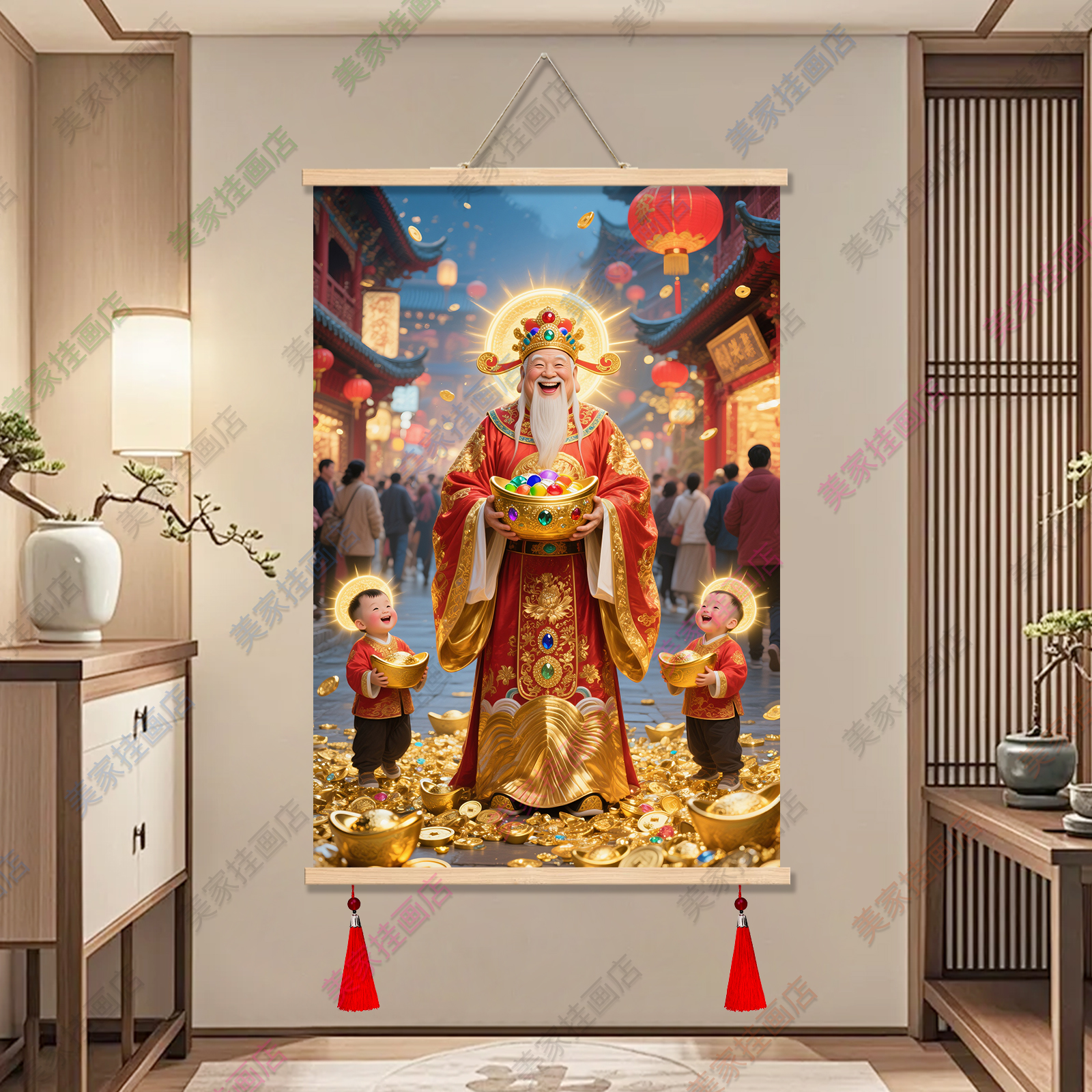 财神爷新中式玄关装饰画餐厅饭店走廊进门招财开业挂画风水装饰画图片