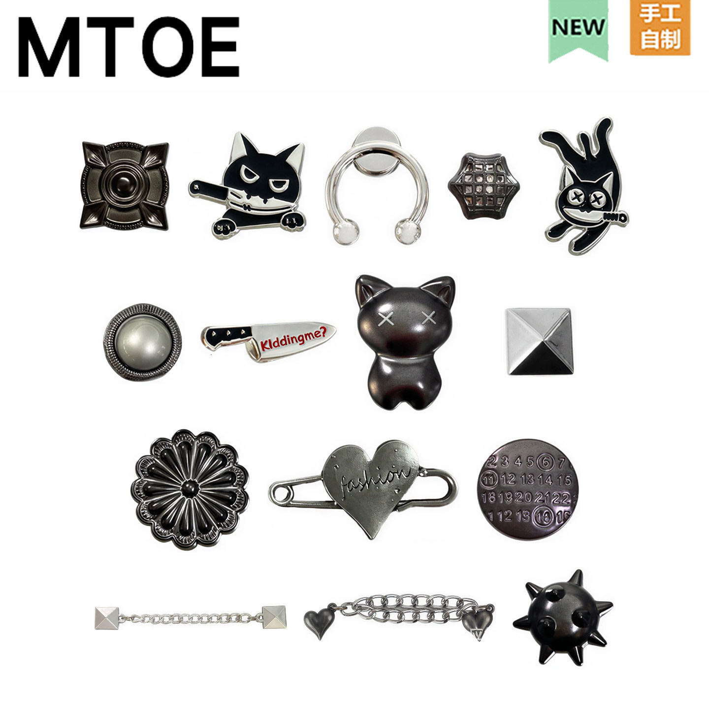 MTOE 霸气猫咪洞洞鞋配饰diy成品鞋花爱心链条别针帅酷12mm底扣
