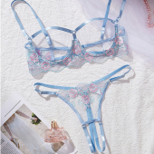 欧美纯欲风性感内衣女士刺绣文胸套装 免脱胸罩 钢圈上托透视三点式