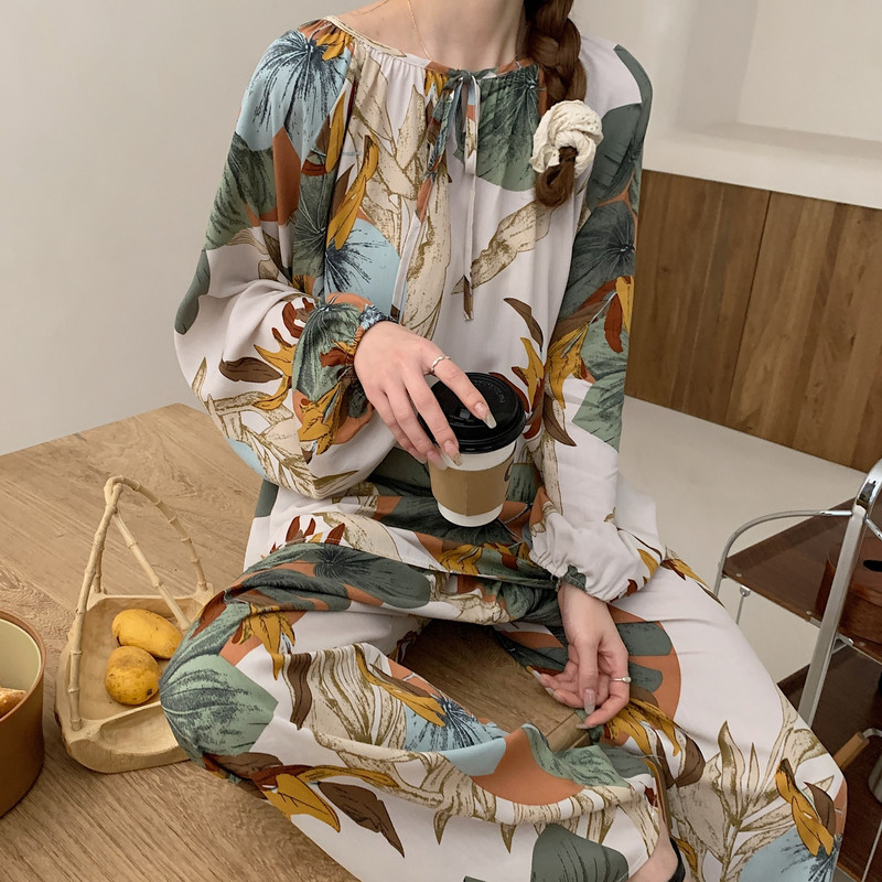 棉绸睡衣女春秋长袖夏季薄款绵绸家居服人造棉套装可爱大码胖MM