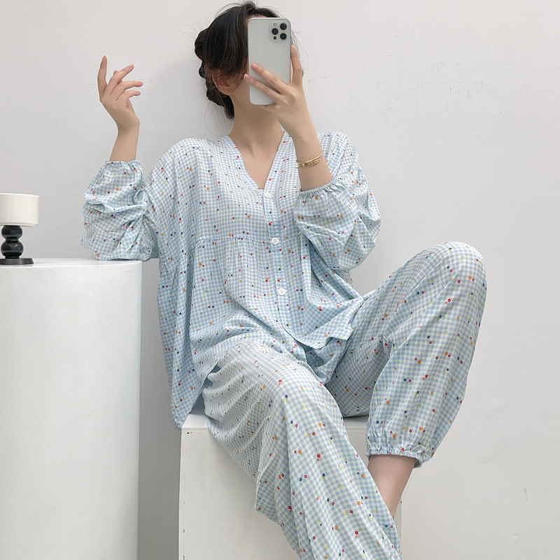 日系棉绸睡衣女春秋夏长袖薄款人造棉家居服妈妈绵绸套装大码胖MM