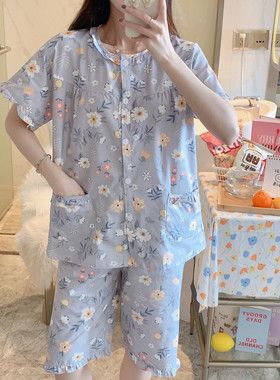 100棉纯棉妈妈睡衣女夏短袖短裤全棉家居服梭织棉布老人套装大码