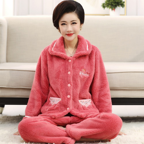 外穿珊瑚绒睡衣女秋冬加厚加绒妈妈家居服法兰绒老年套装大码200