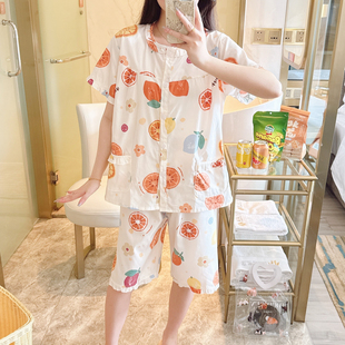 妈妈睡衣纯棉布料100全棉女夏短袖短裤家居服棉布套装大码胖mm