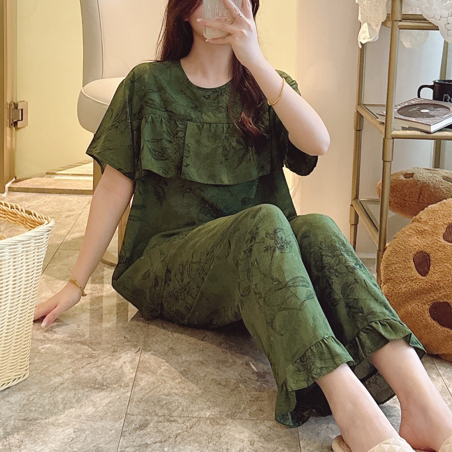 外穿防凸点棉绸睡衣女春秋夏短袖长裤老人家居服妈妈人造棉薄套装