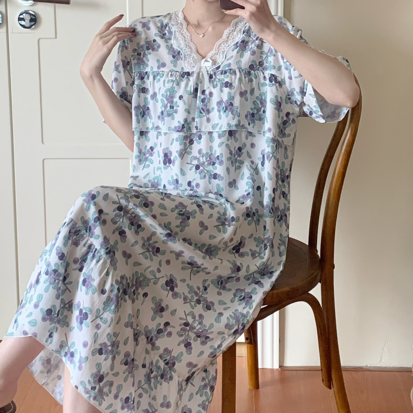 棉绸睡裙女夏短袖裙子绵绸人造棉薄款中老年家居睡衣裙好看连衣裙
