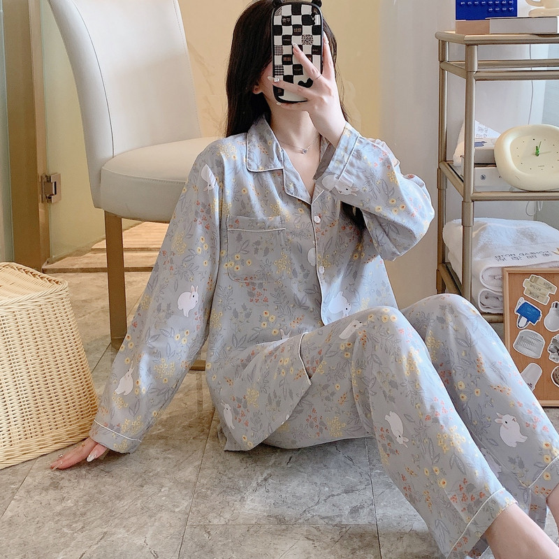 棉绸睡衣女春秋长袖夏季薄款绵绸大码家居服人造棉两件套装小个子