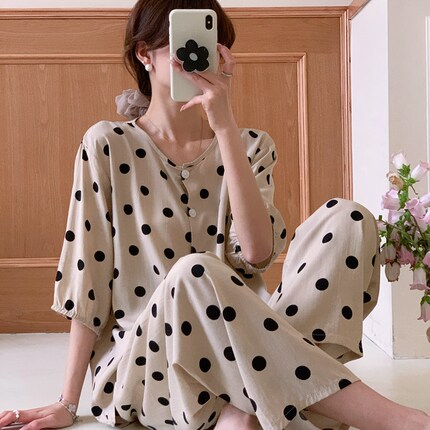 棉绸睡衣女夏短袖长裤人造棉妈妈家居服绵绸中袖套装大码薄小个子