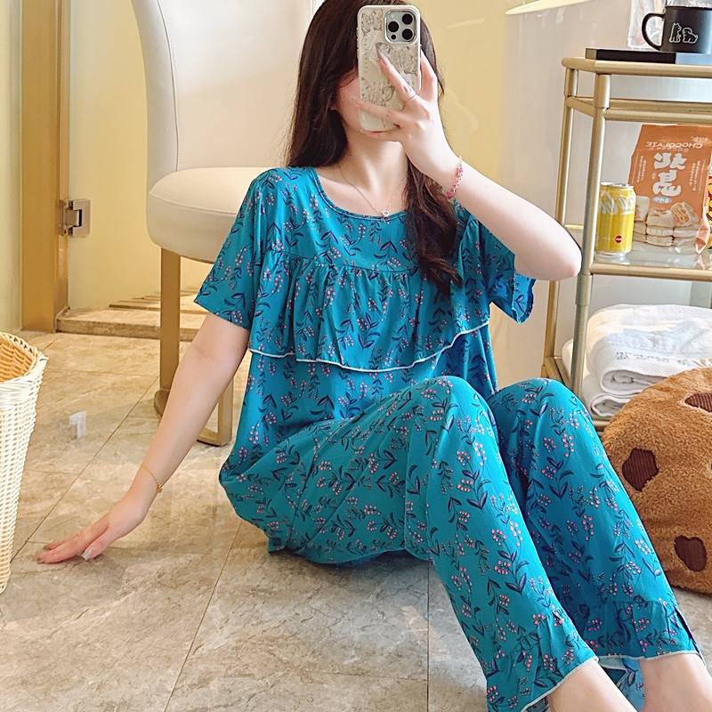 防凸点棉绸睡衣女夏季短袖长裤春秋绵绸月子家居服人造棉两件套装