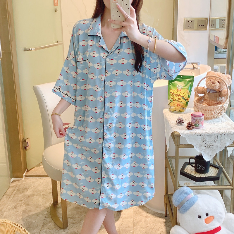 棉绸睡裙女夏短袖绵绸薄衬衫睡衣妈妈人造棉连衣裙大码小个子可爱