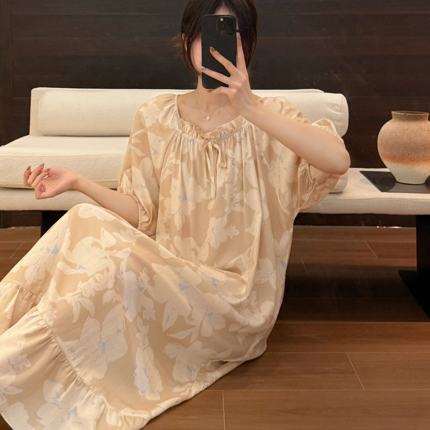 棉绸法式睡裙长款女夏裙子绵绸人造棉短袖睡衣裙连衣裙大码胖mm