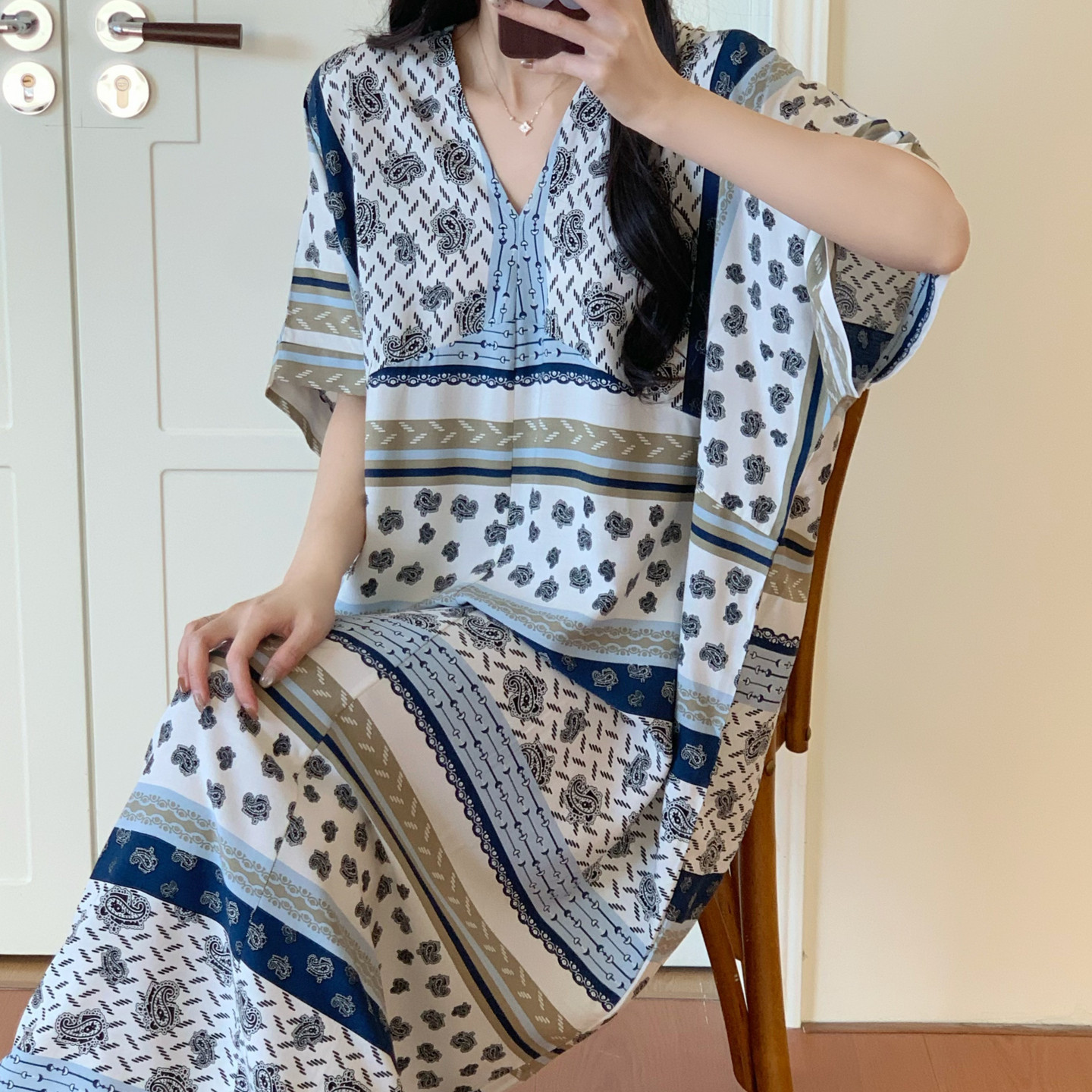 长款棉绸睡裙女夏短袖裙子绵绸人造棉睡衣裙薄连衣裙时尚洋气大码