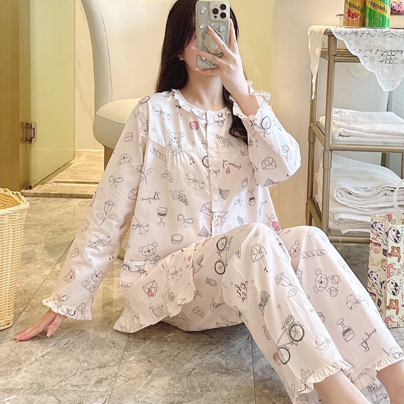 纯棉睡衣女春秋长袖薄款全棉家居服棉布春夏学生两件套装大码可爱