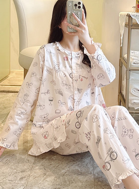纯棉睡衣女春秋长袖薄款全棉家居服棉布春夏学生两件套装大码可爱