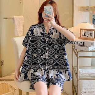 棉绸睡衣女夏短袖短裤人造棉家居服绵绸妈妈套装薄大码小个子网红