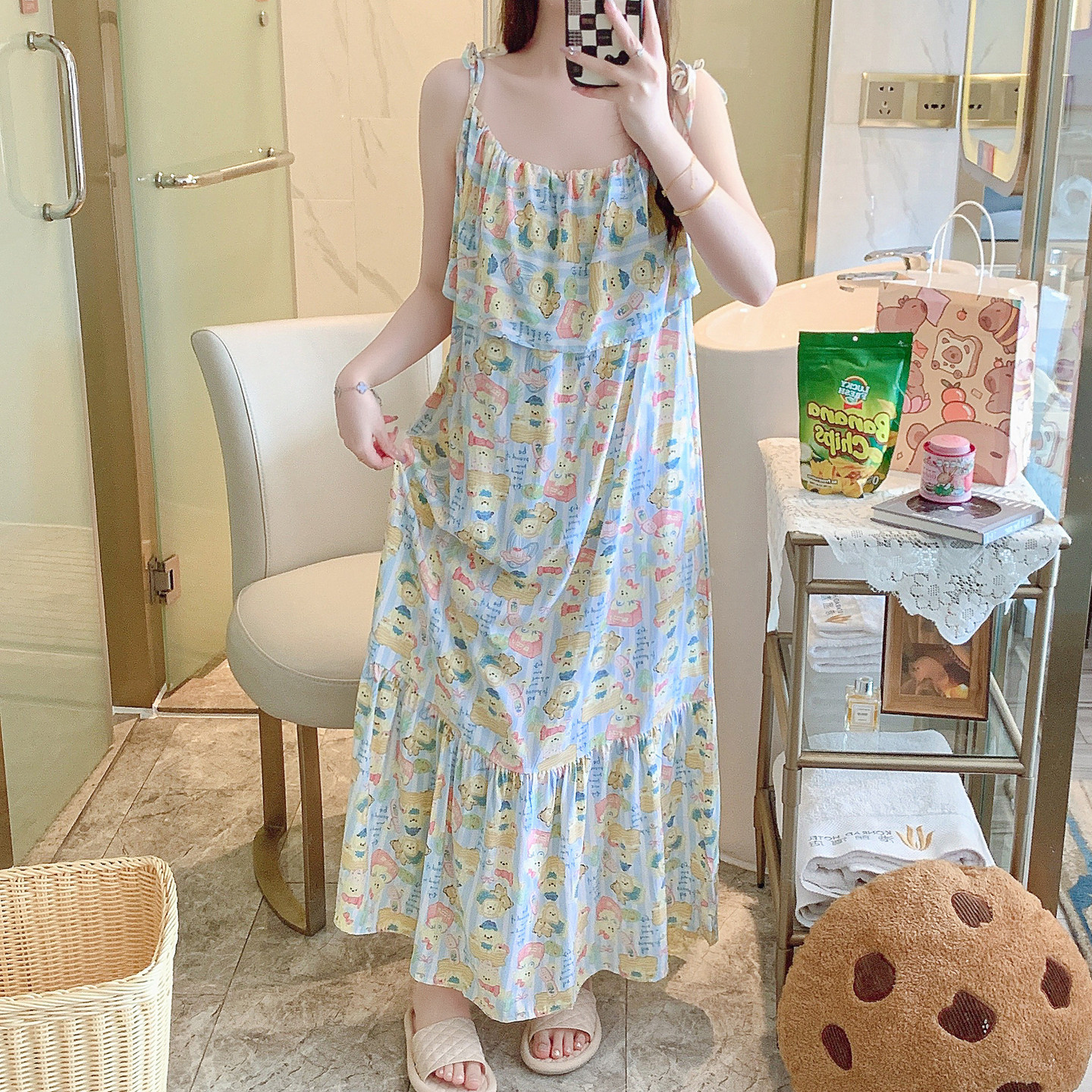 防凸点吊带睡裙女夏棉绸睡衣长款孕妇连衣裙居家裙子大码年轻可爱
