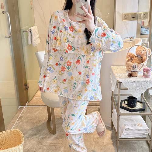 棉绸睡衣女春秋妈妈夏薄长袖人造棉家居服绵绸套装大码小个子超火