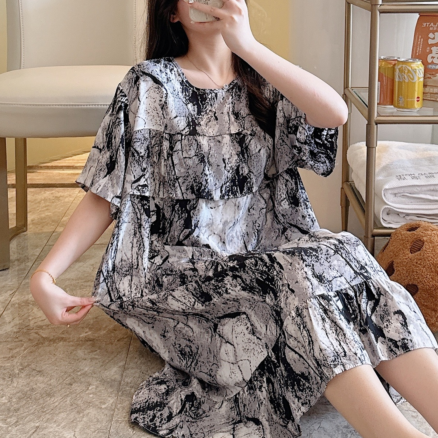 外穿棉绸睡裙女夏短袖绵绸妈妈睡衣孕妇人造棉连衣裙大码居家裙子