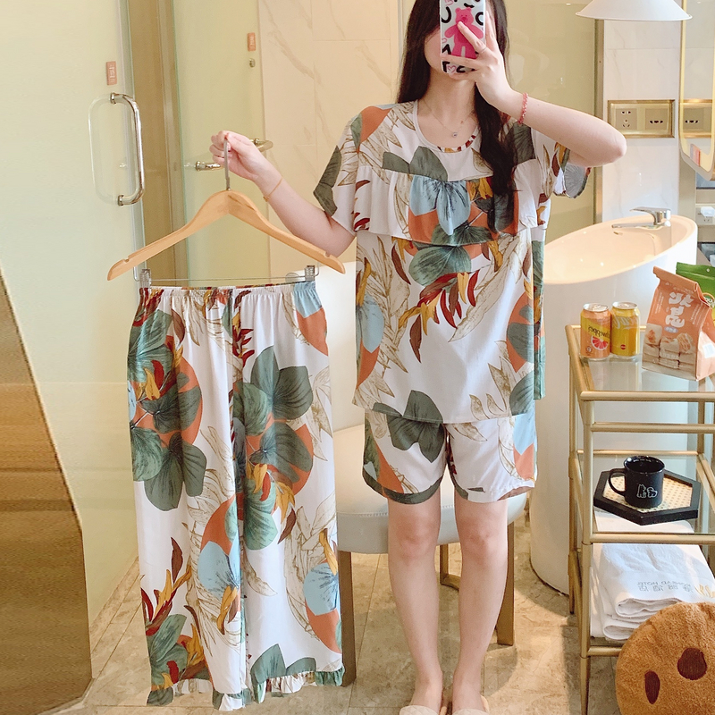 三件套棉绸睡衣女春夏短袖短裤长裤绵绸家居服空调服人造棉套装薄