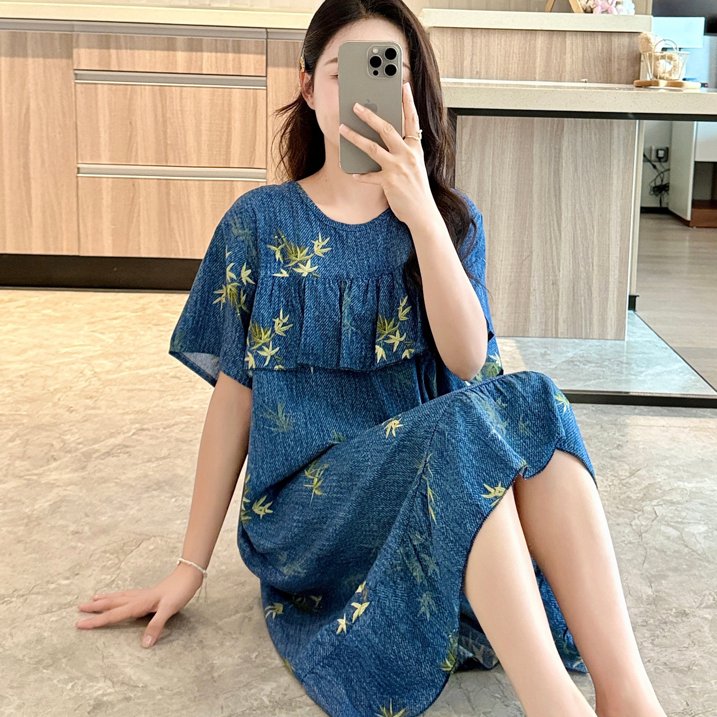 外穿防凸点棉绸睡裙女夏短袖睡衣孕妇连衣裙大码居家裙子大码胖MM