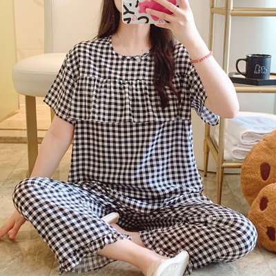 外穿防凸点棉绸睡衣女夏短袖长裤妈妈绵绸家居服人造棉薄套装大码