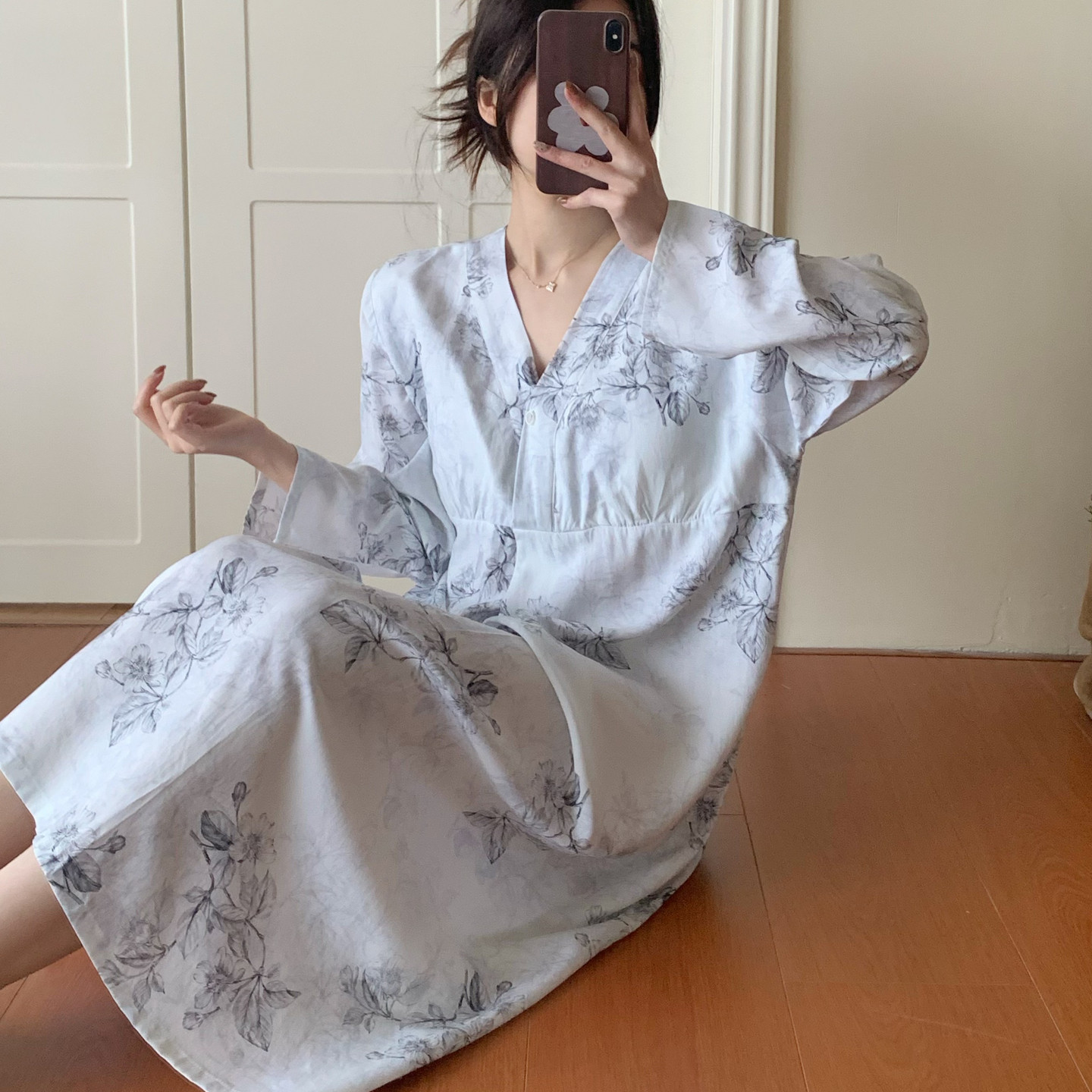 带胸垫连衣裙棉绸长袖睡裙女夏人造棉绵绸薄中老年睡衣裙爆款超火