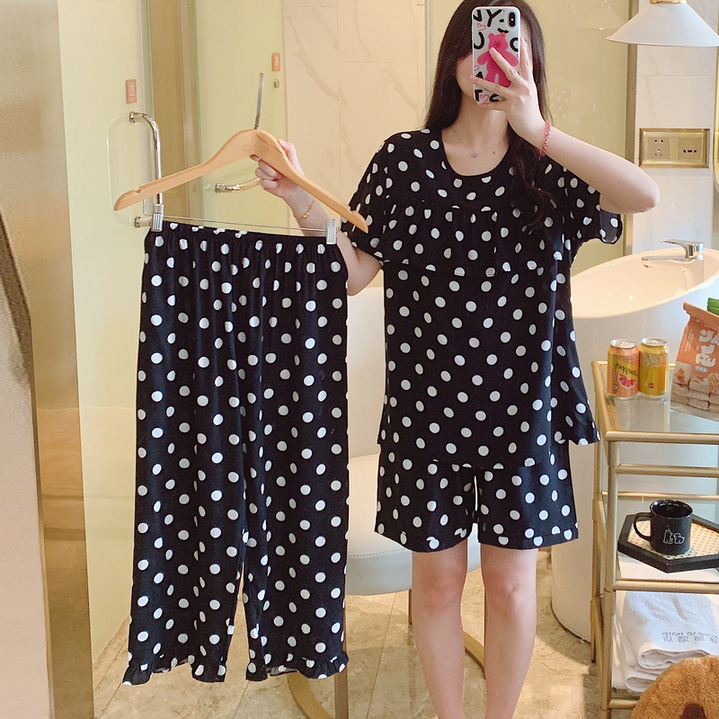 三件套棉绸睡衣女春夏短袖短裤长裤绵绸家居服人造棉中老年套装