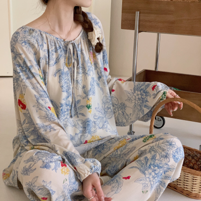 带胸垫一体外穿棉绸睡衣女春秋夏绵绸妈妈家居服人造棉薄套装国风
