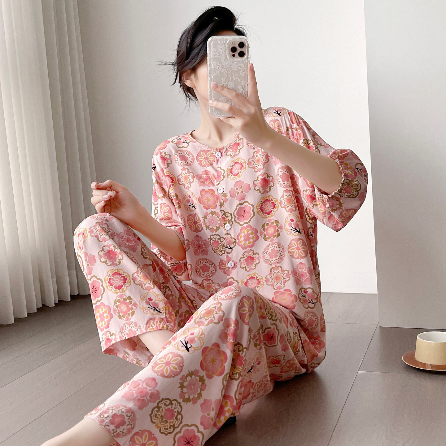 简单好看棉绸睡衣女夏短袖长裤春秋家居服妈妈人造棉套装大码胖MM