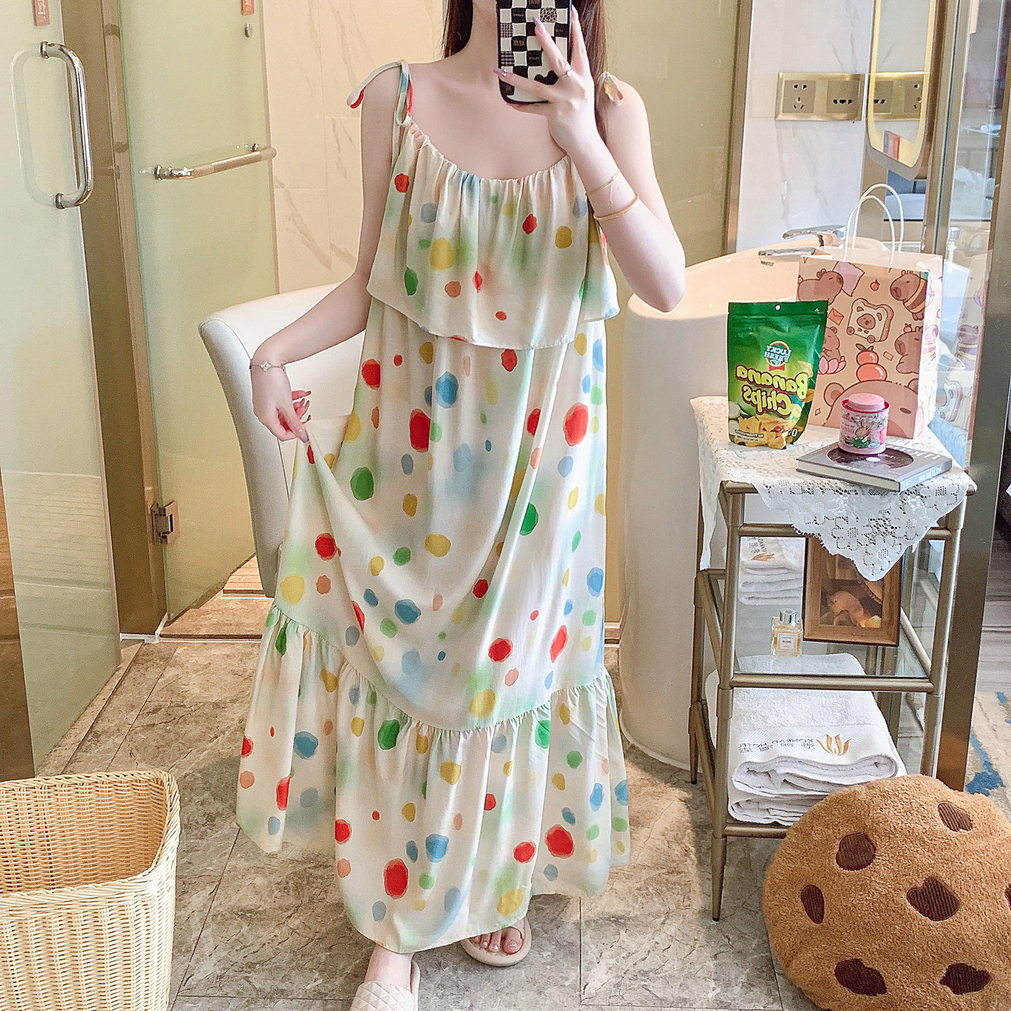 防凸点吊带棉绸睡裙女夏性感妈妈睡衣孕妇连衣裙居家长款大码胖MM