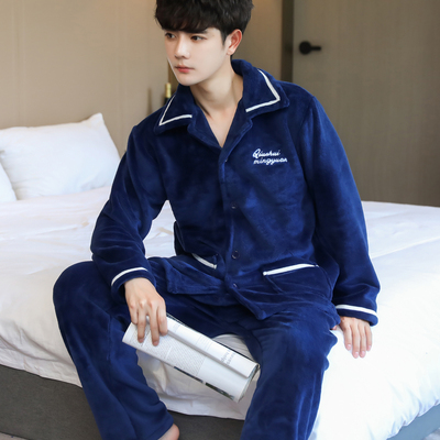 珊瑚绒睡衣男冬加厚加绒青少年家居服秋冬法兰绒老人套装加肥大码
