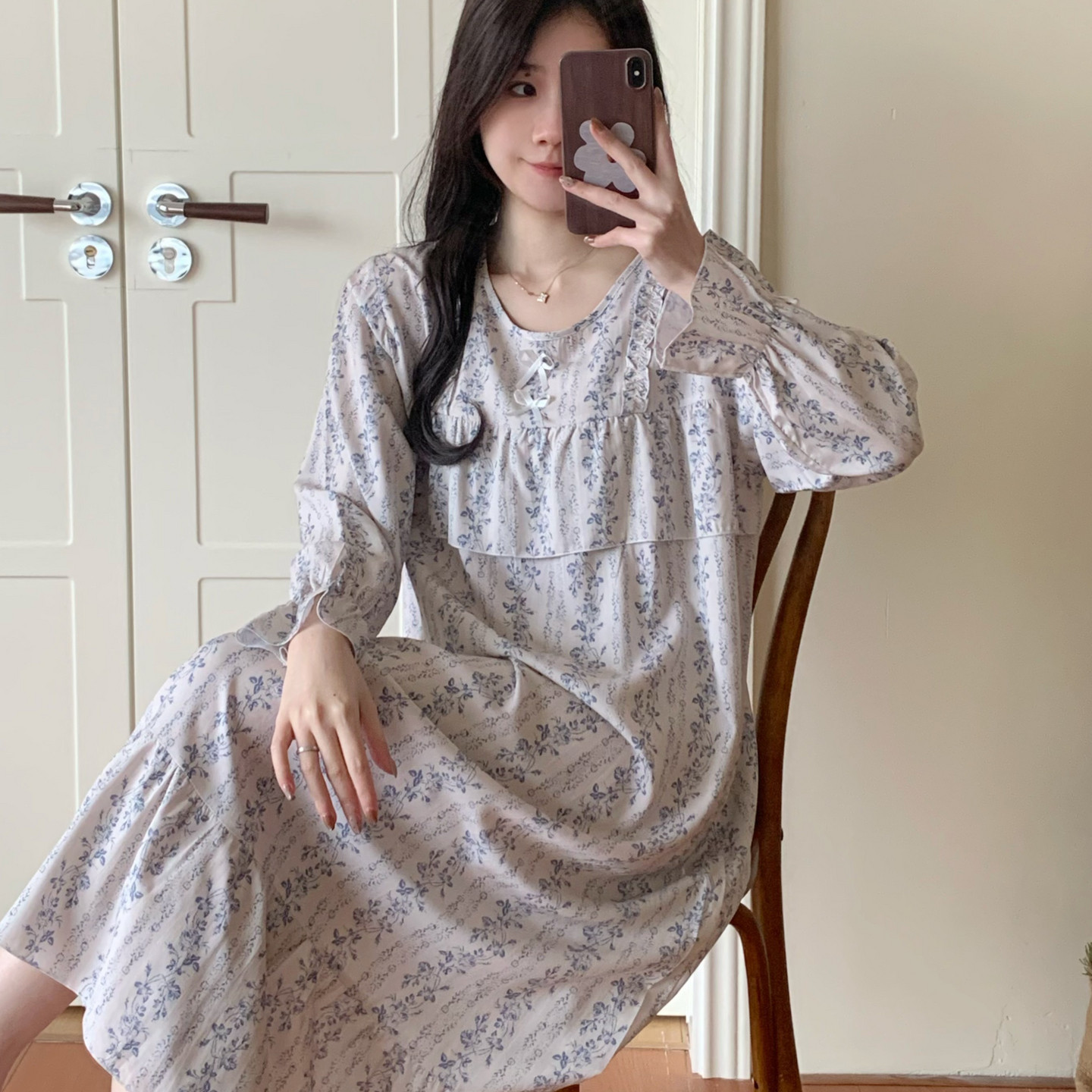 防凸点棉绸睡裙女夏长袖睡衣裙子绵绸人造棉连衣裙大码免胸垫外穿
