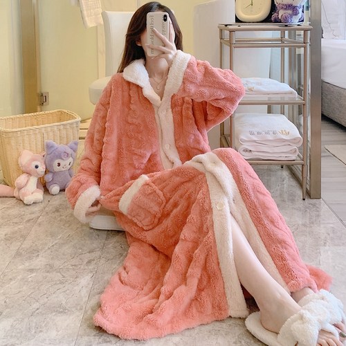 女珊瑚绒简约睡袍睡衣家居服
