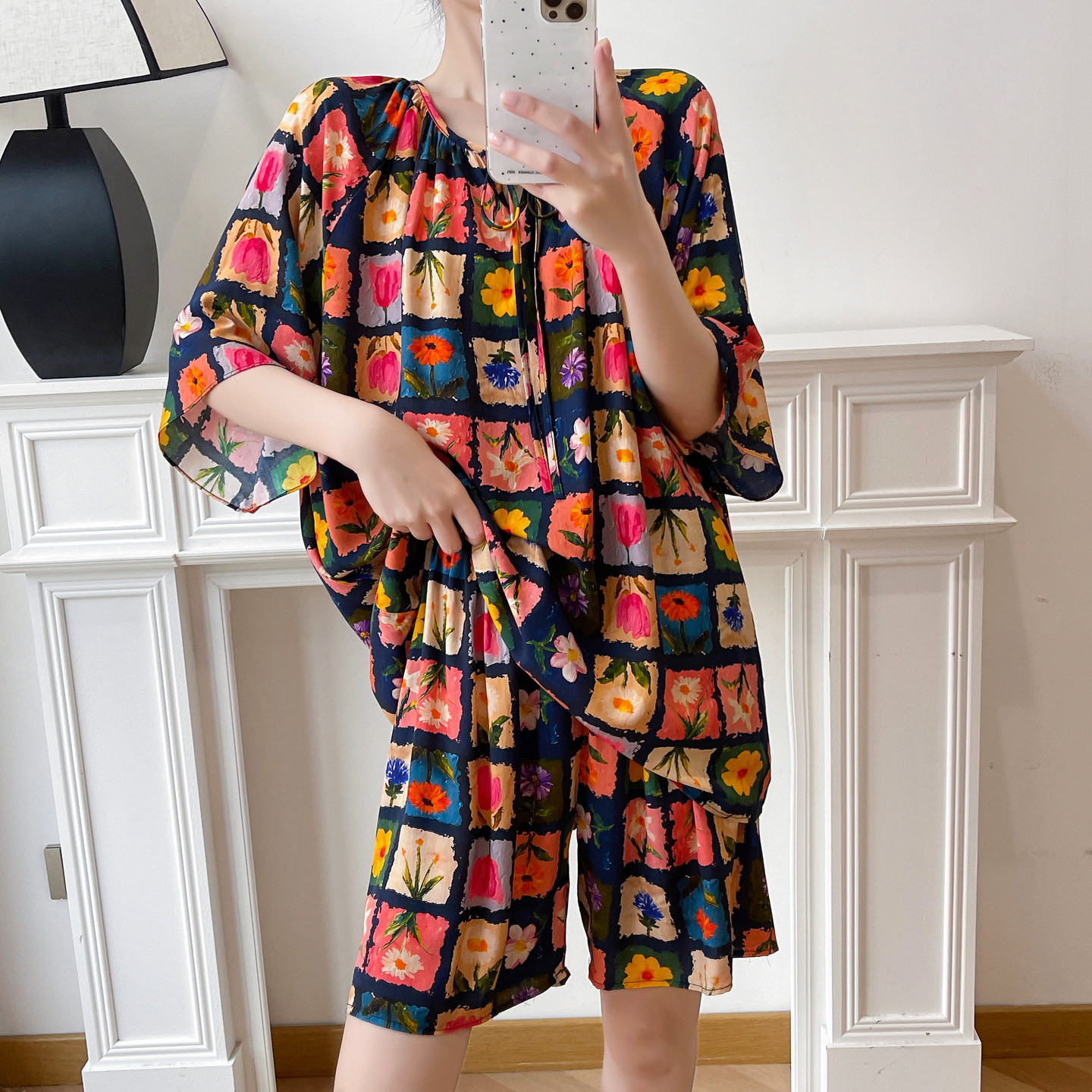 外穿棉绸睡衣女夏短袖短裤绵绸家居服妈妈人造棉凉薄套装大码胖MM