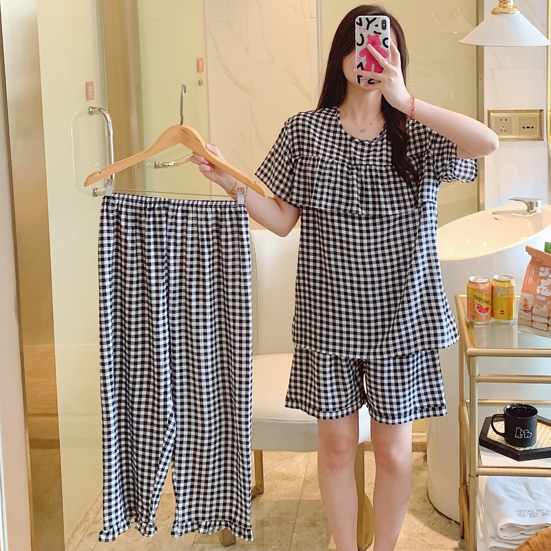 三件套棉绸睡衣女春夏短袖短裤长裤绵绸家居服人造棉套装薄款格子