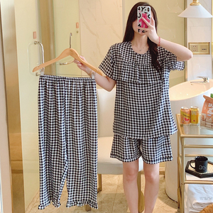 三件套棉绸睡衣女春夏短袖短裤长裤绵绸家居服人造棉套装薄款格子