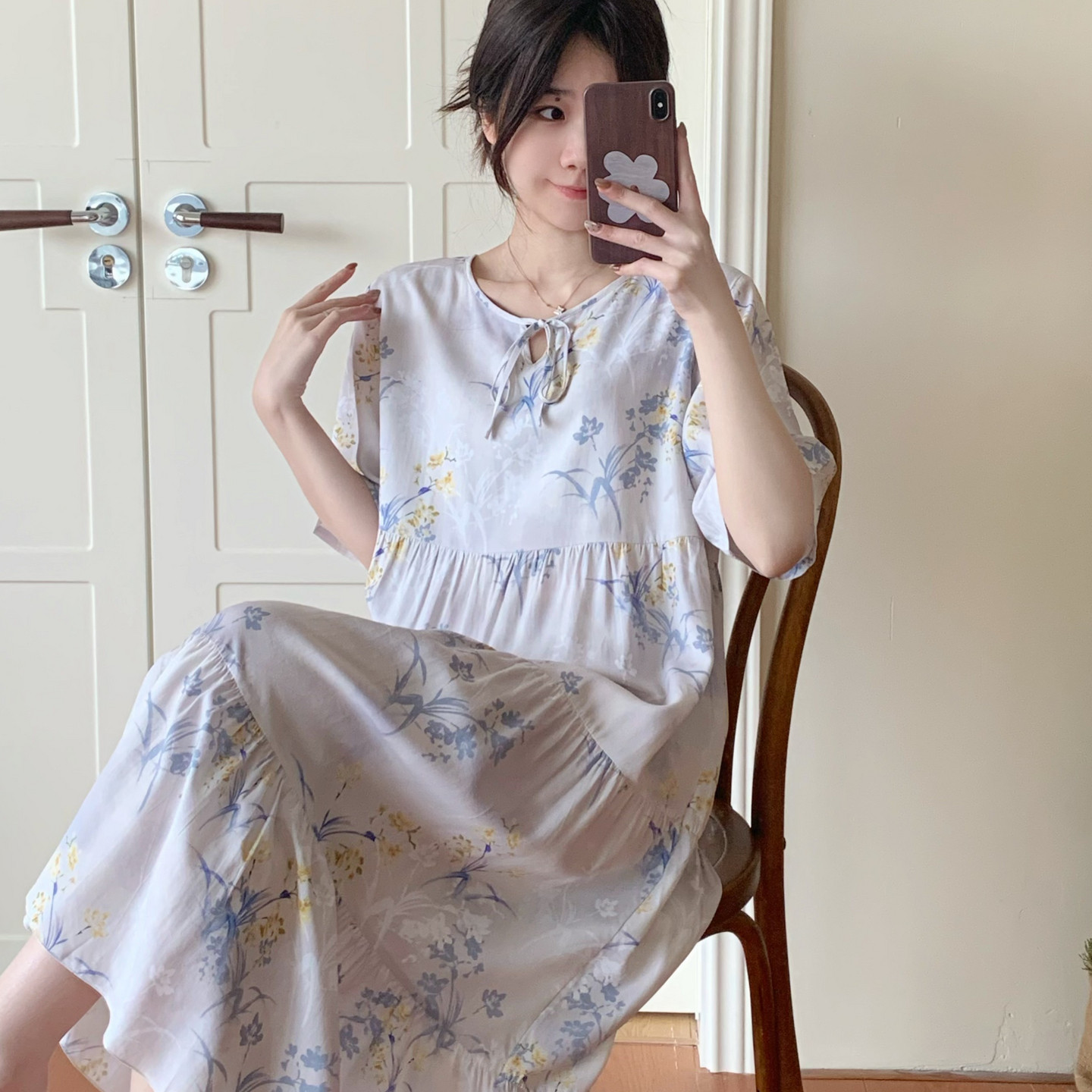 棉绸睡裙女夏短袖裙子绵绸人造棉居家睡衣裙妈妈连衣裙薄款大码