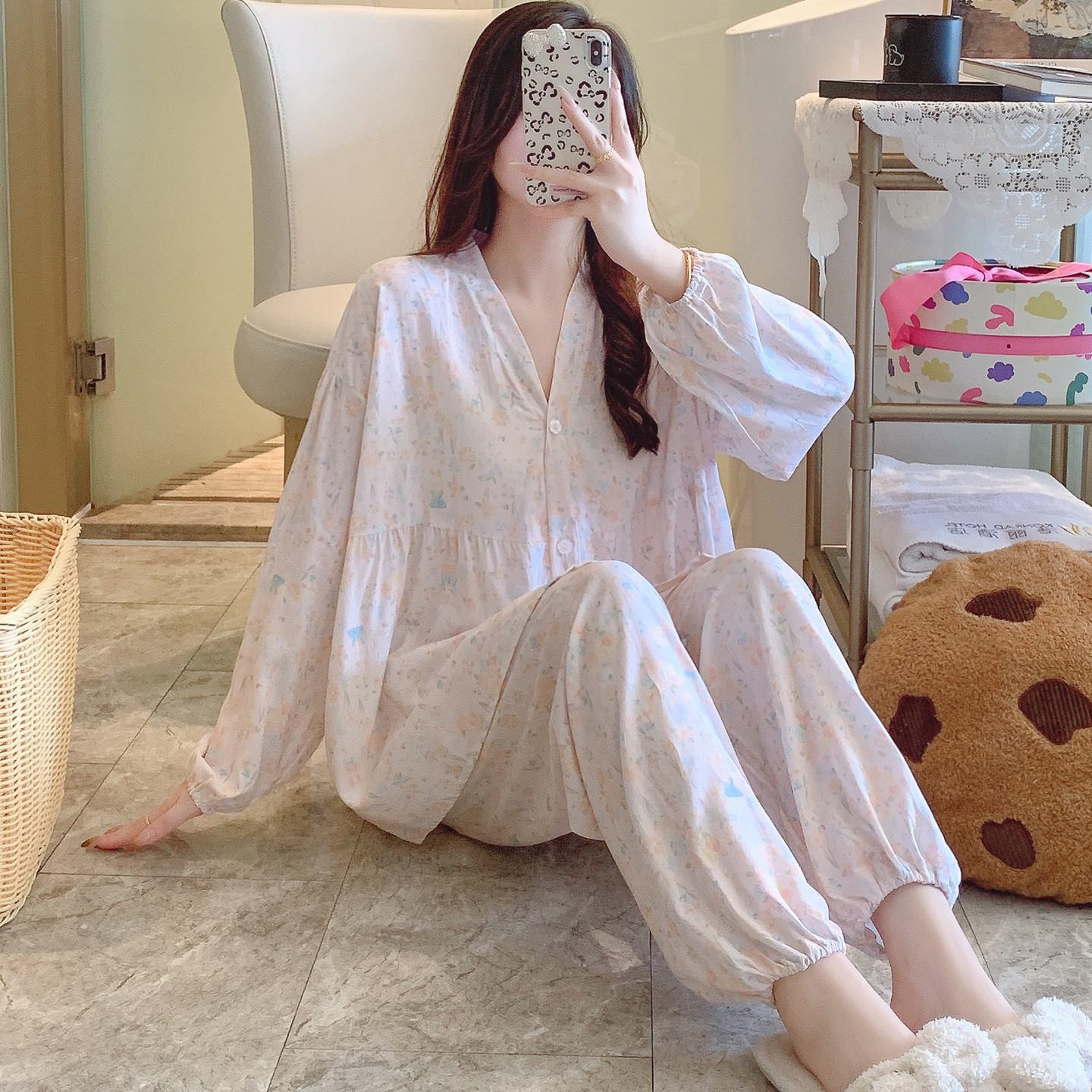 外穿简单棉绸睡衣女春秋长袖夏薄款人造棉妈妈家居服绵绸大码套装