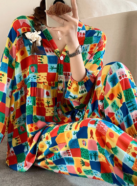 外穿棉绸睡衣女春秋夏长袖薄绵绸家居服妈妈人造棉套装大码200斤